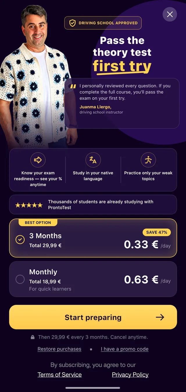 Custom paywall replacing RevenueCatUI: plan selection, per-day price and discount maths, purchase restore and promo-code entry.
