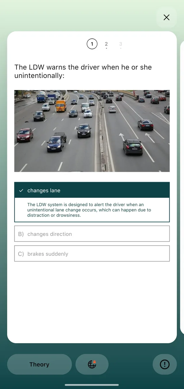 Question card: the background reacts to the answer, the explanation opens in place, theory and translation open on top. The next card of the engine shows at the right edge.