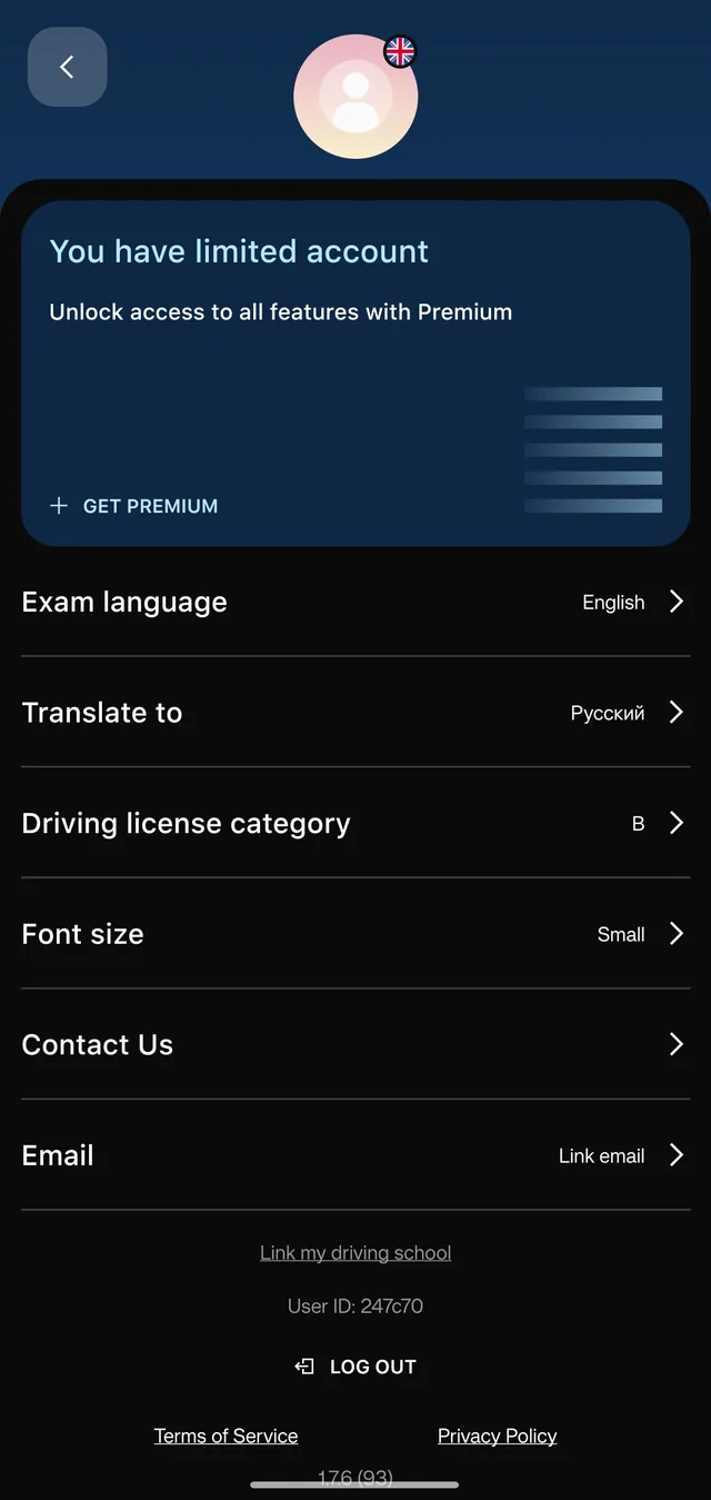 Settings: exam and translation language, licence category, font size, email and driving-school linking.
